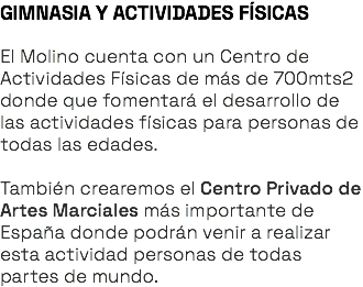 GIMNASIA Y ACTIVIDADES FÍSICAS El Molino cuenta con un Centro de Actividades Físicas de más de 700mts2 donde que fomentará el desarrollo de las actividades físicas para personas de todas las edades. También crearemos el Centro Privado de Artes Marciales más importante de España donde podrán venir a realizar esta actividad personas de todas partes de mundo. 