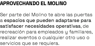 APROVECHANDO EL MOLINO Ser parte del Molino te abre las puertas a espacios que pueden adaptarse para satisfacer necesidades operativas, de recreación para empleados y familiares, realizar eventos o cualquier otro uso o servicios que se requiera.